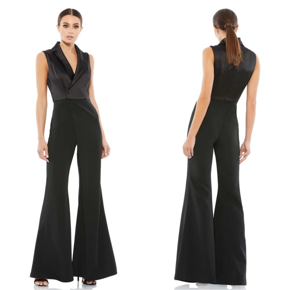 Mac Duggal 26603 Asymmetrical Sleeveless Faux Tuxedo Jumpsuit Size 2 NWT Black